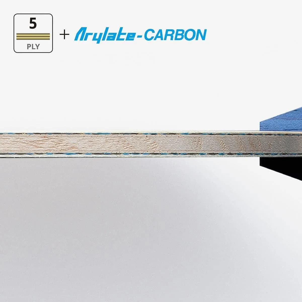 Kantenansicht des Butterfly Timo Boll ALC mit den fünf Holzfurnieren und den Arylate-Carbon-Lagen