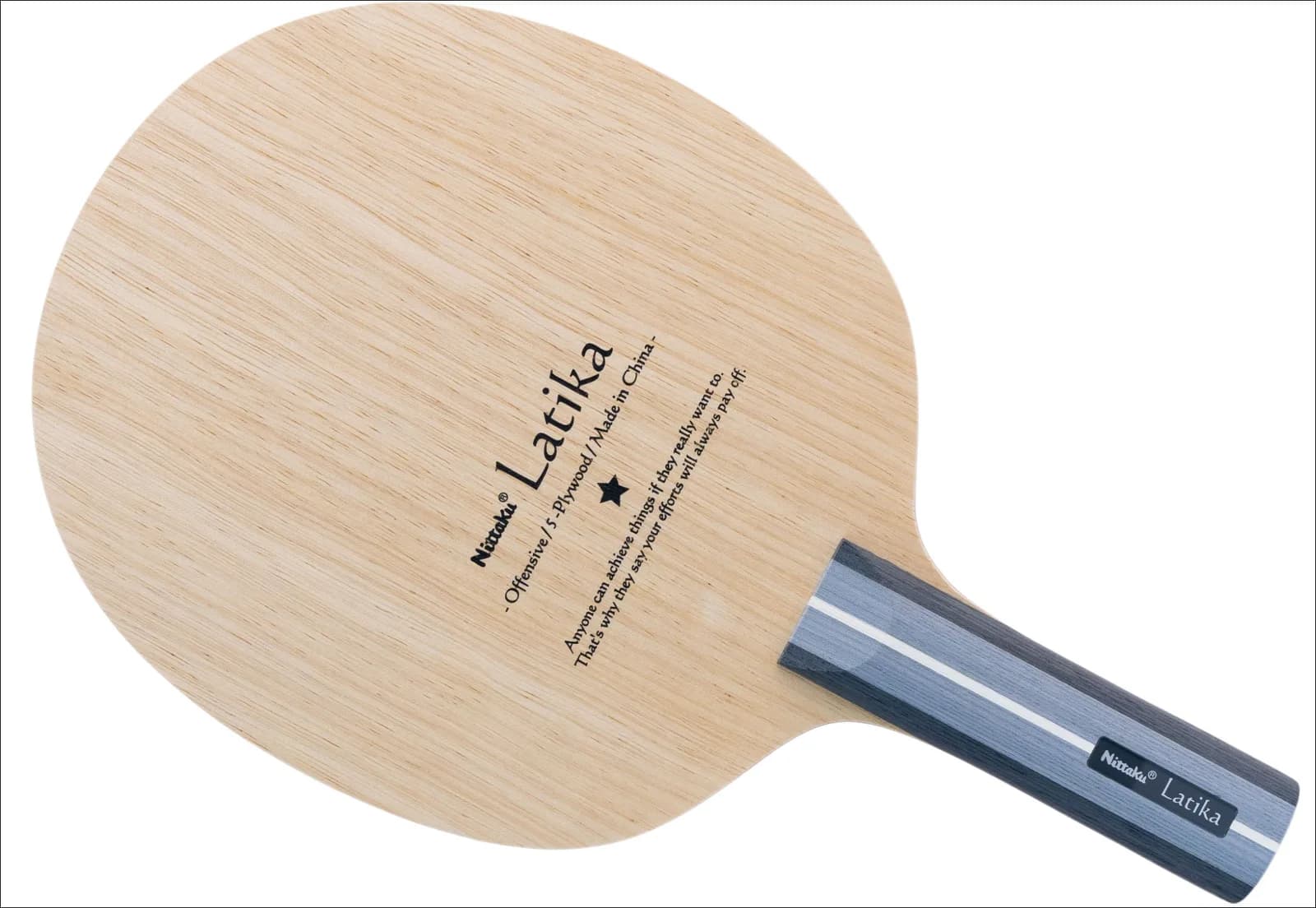 Holz Nittaku Latika von vorn auf weißem Hintergrund, mit der Maserung des Limbas und dem Griff