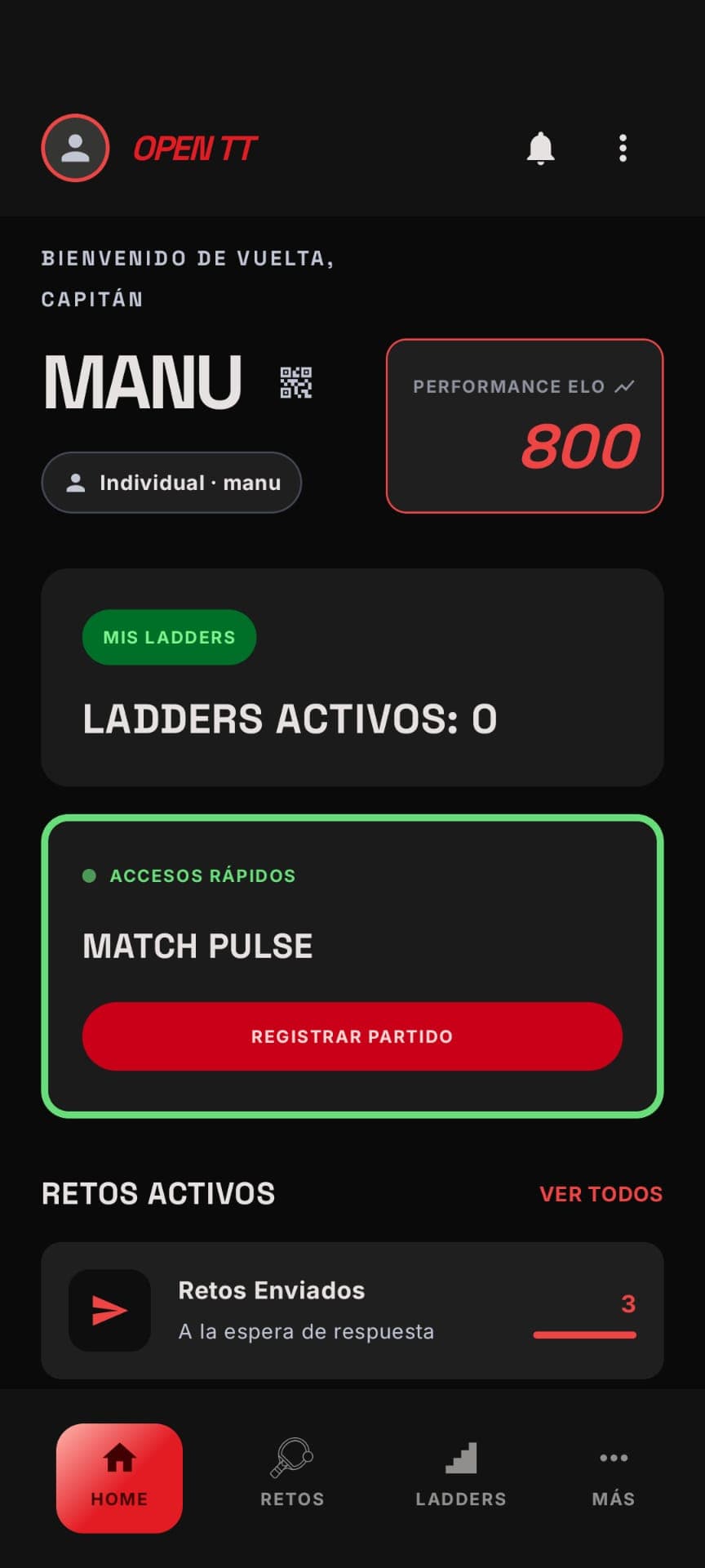 Desde el inicio ves de un vistazo tus retos activos y cuántos están a la espera de respuesta. La actividad de tu juego, centralizada.