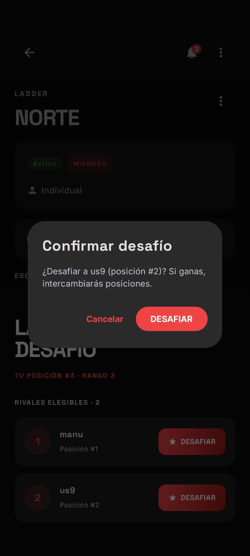 Antes de enviar el reto, la app deja claras las reglas: vencer significa ocupar el puesto de tu rival. Reglas transparentes, sin sorpresas.