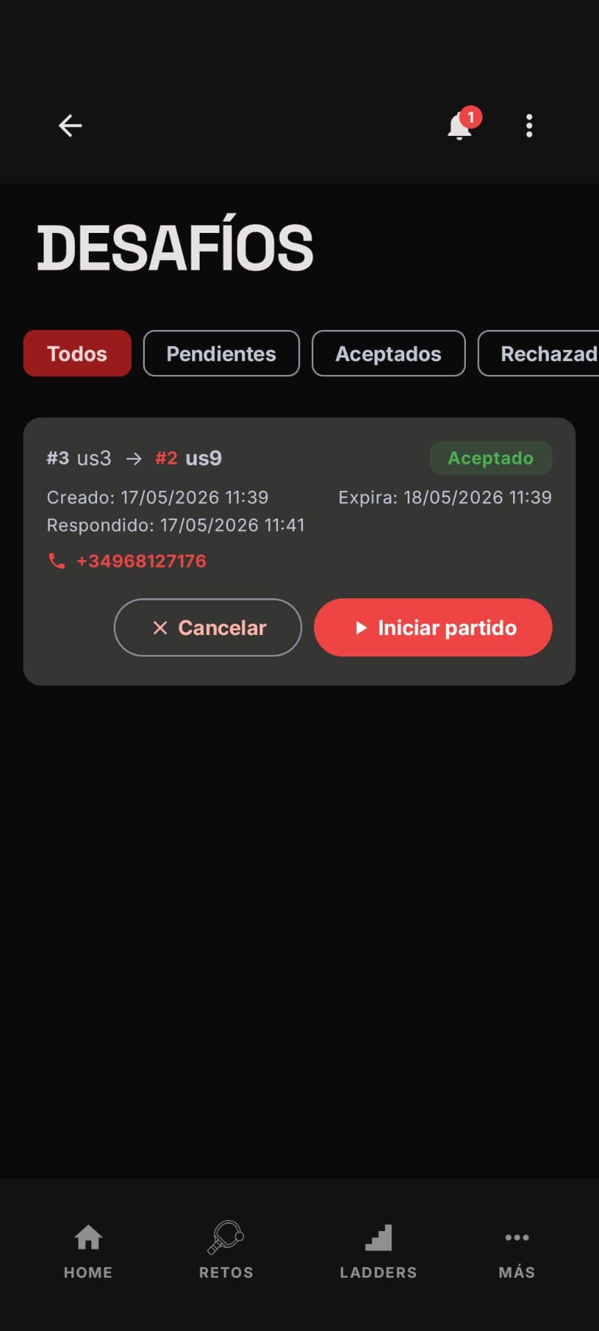 Una vez aceptado el desafío, tienes el contacto de tu rival para quedar y un botón para iniciar el partido cuando estéis frente a la mesa.
